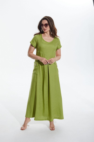 Ленистое длинное платье с накладными карманами и разрезами MALI 422-040 салат - фото 3