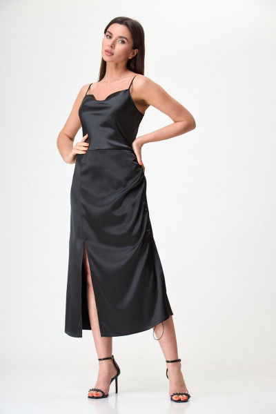 Черное миди платье на брителях с разрезом и регулировкой Anelli 1292 лакрица - фото 2