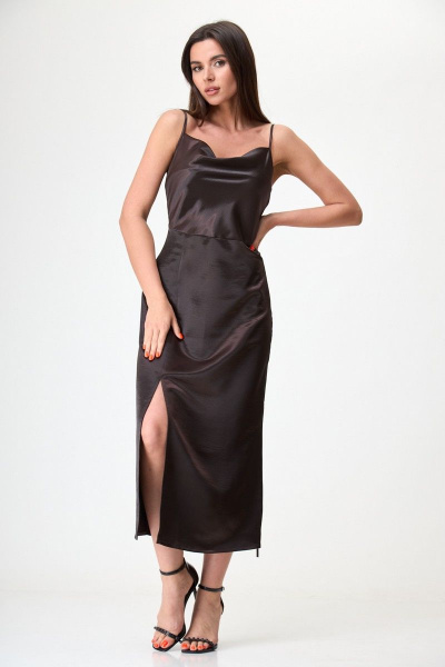 Коричневое миди платье с разрезом, шнурком и регулировкой Anelli 1292 горький_шоколад - фото 2
