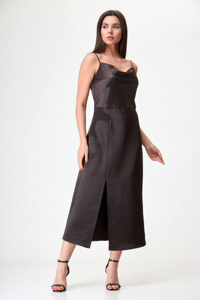 Коричневое миди платье с разрезом, шнурком и регулировкой Anelli 1292 горький_шоколад - фото 1