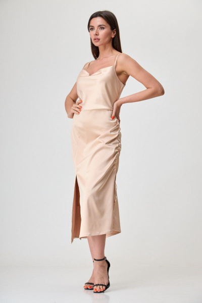 Бежевое миди платье с разрезом, шнурком и поясом Anelli 1292 золотое_руно - фото 1