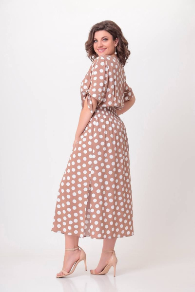 Платье макси из вискозы с завышенной талией и V-горловиной Swallow 568 песочный_в_белый_горох - фото 8