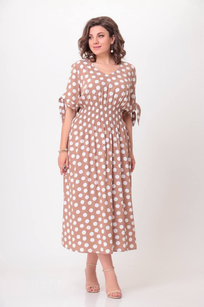 Платье макси из вискозы с завышенной талией и V-горловиной Swallow 568 песочный_в_белый_горох - фото 3