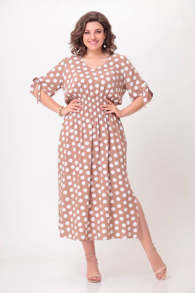 Платье макси из вискозы с завышенной талией и V-горловиной Swallow 568 песочный_в_белый_горох - фото 1