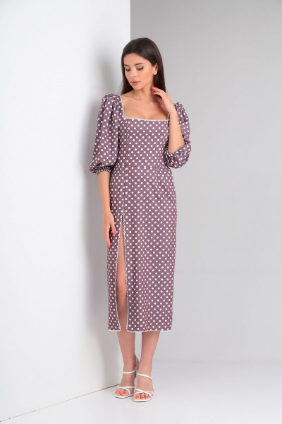 Летнее платье прилегающего силуэта с кружевными деталями LadisLine 1456 кофе - фото 1