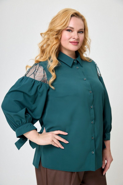 Блуза с кружевными рукавами и полосками из вискозы Anelli 997 зеленый_дымчатый - фото 1