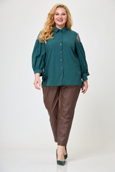 Блуза с кружевными рукавами и полосками из вискозы Anelli 997 зеленый_дымчатый - фото 2