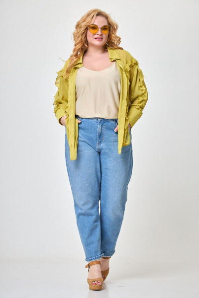 Летний желтый комплект оверсайз блуза и топ с рюшей Anelli 1243 шартрез - фото 6