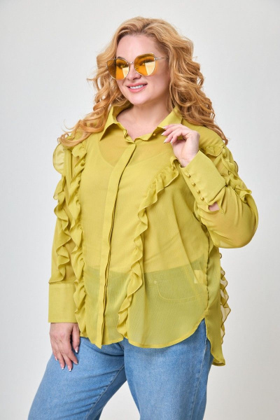 Летний желтый комплект оверсайз блуза и топ с рюшей Anelli 1243 шартрез - фото 4