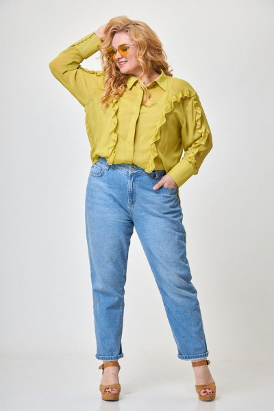 Летний желтый комплект оверсайз блуза и топ с рюшей Anelli 1243 шартрез - фото 3