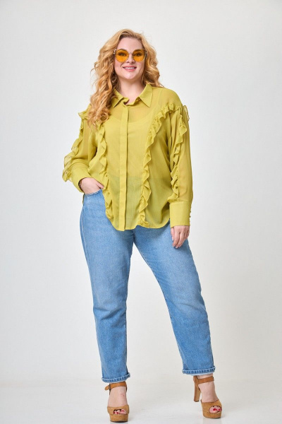 Летний желтый комплект оверсайз блуза и топ с рюшей Anelli 1243 шартрез - фото 2
