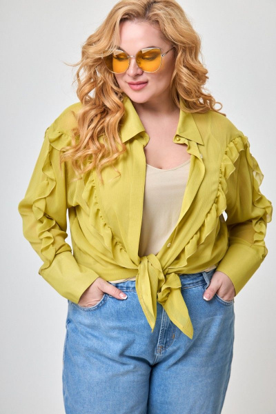 Летний желтый комплект оверсайз блуза и топ с рюшей Anelli 1243 шартрез - фото 1