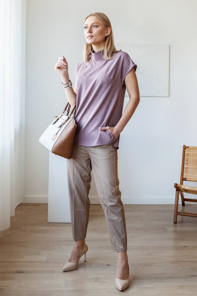 Блуза из льняного текстиля с воротником-стойкой на лето ARTiMODA 122-02 капучино - фото 4