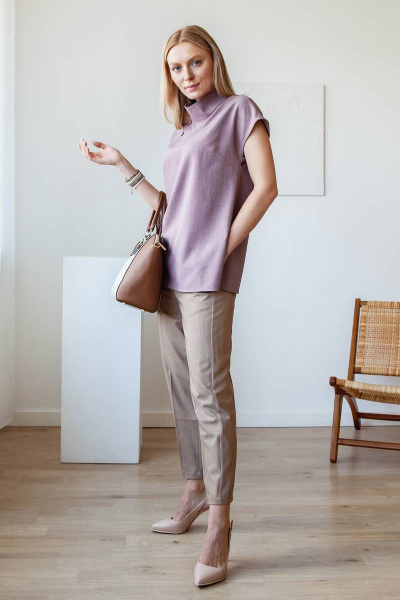 Блуза из льняного текстиля с воротником-стойкой на лето ARTiMODA 122-02 капучино - фото 2