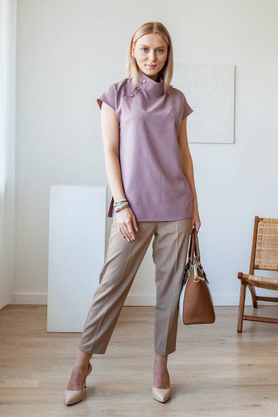 Блуза из льняного текстиля с воротником-стойкой на лето ARTiMODA 122-02 капучино - фото 1