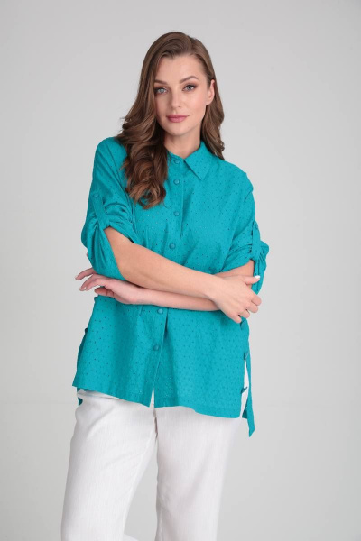 Блуза свободного кроя с длинными рукавами и разрезами Rishelie 899-1 бирюза - фото 3