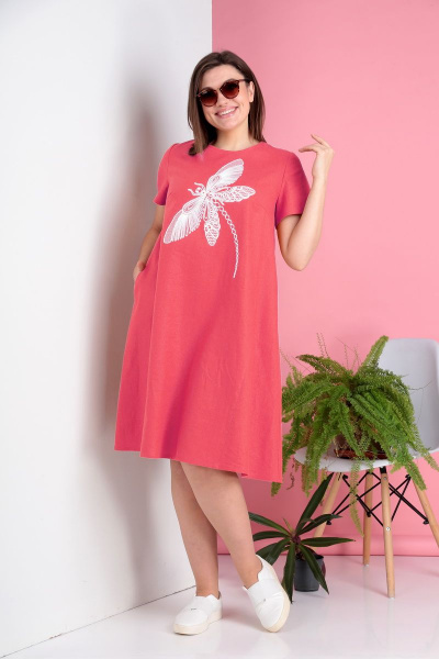 Платье трапециевидного силуэта с декоративной вышивкой и разрезом Ивелта плюс 1782/2 коралл - фото 2