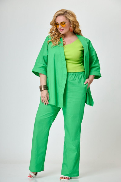 Льняной костюм с кимоно и брюками, зеленый, летний Anelli 1270 зеленый_яркий - фото 4
