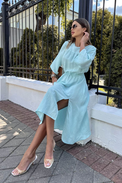 Леновое платье с открытой спиной и приталенным фасоном Pavlova 146 голубой - фото 1