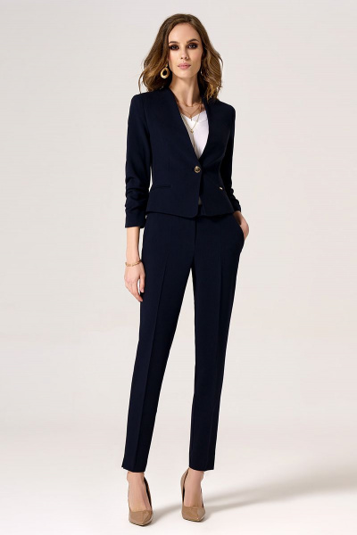 Летний синий комплект из жакета и брюк с рельефами Панда 50420z темно-синий - фото 1