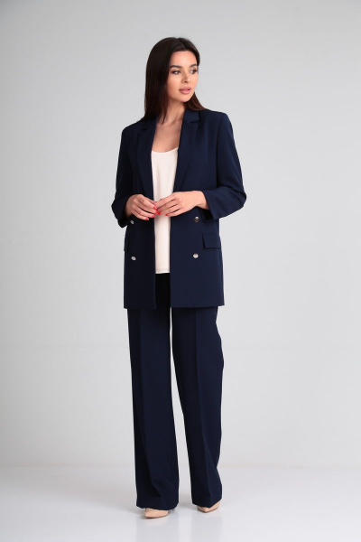 Деловый костюм 2-ка жакет и брюки свободного кроя из вискозы Lady Line 508 синий - фото 2