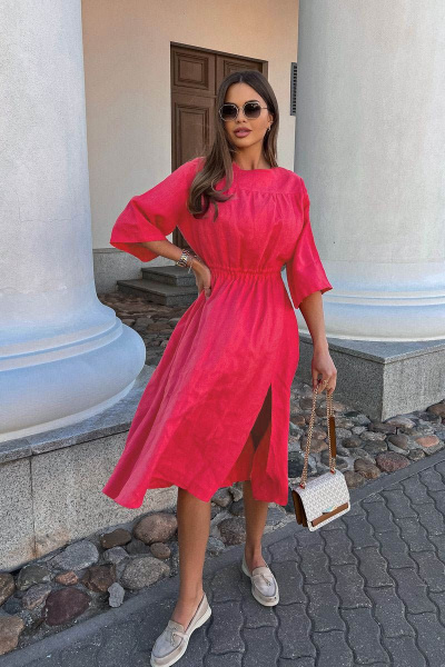 Летнее розовое платье из льна с открытой спинкой Pavlova 146 коралловый - фото 1