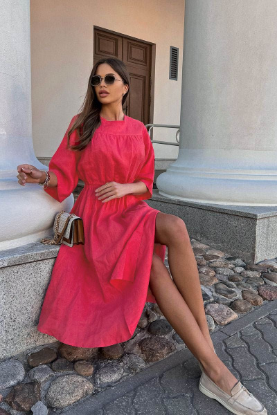 Летнее розовое платье из льна с открытой спинкой Pavlova 146 коралловый - фото 2