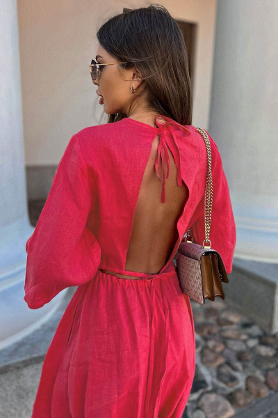 Летнее розовое платье из льна с открытой спинкой Pavlova 146 коралловый - фото 3