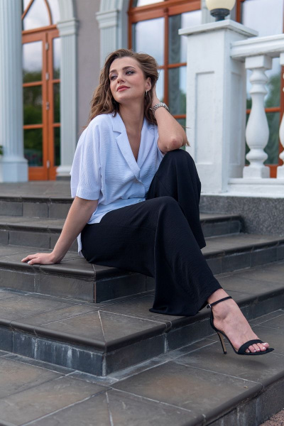 Костюм из вискозы с жакетом-кимано и свободными брюками Andina 916 черный+белый - фото 4