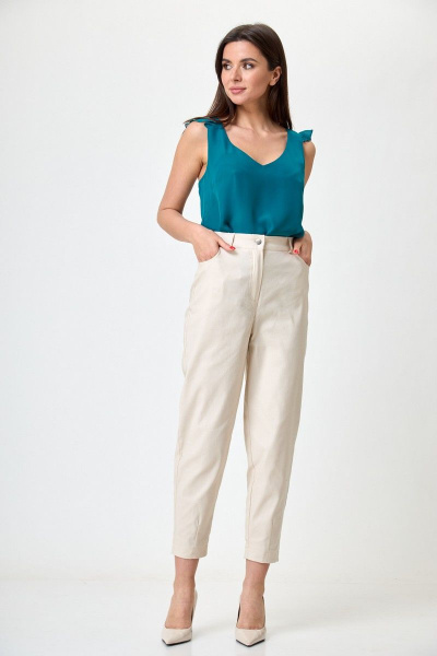 Летние бежевые брюки из хлопка с высоким поясом Anelli 1051 бежевый - фото 1