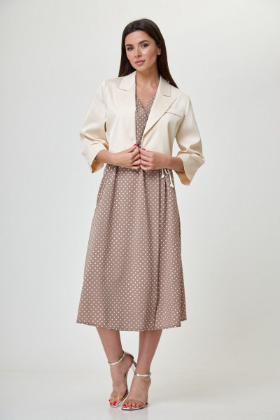 Бежевый костюм из платья и жакета на запах и 3/4 рукавах Anelli 1055 кленовый_сахар - фото 1
