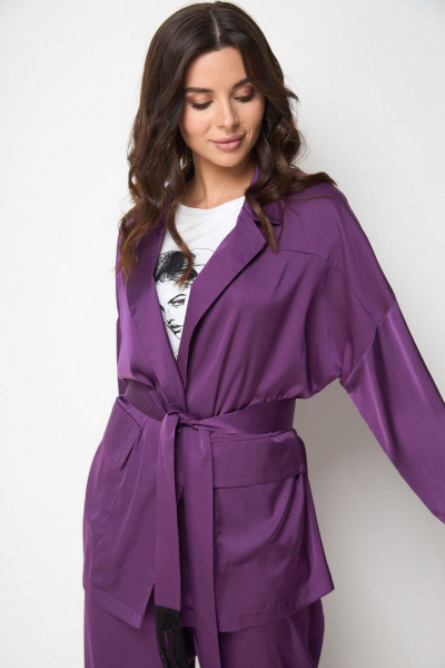 Домашний костюм из атласа с жакетом и брюками на резинке Anelli 1205 темная_византия - фото 6