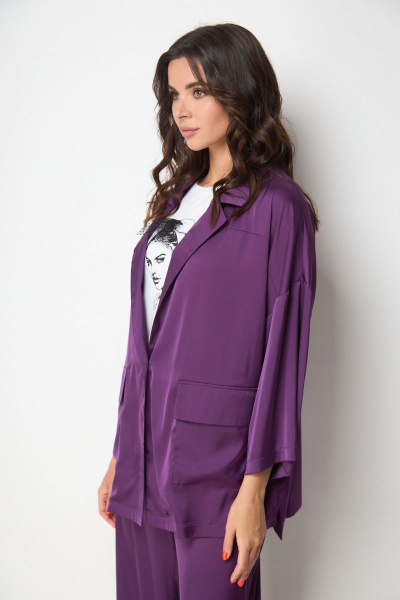 Домашний костюм из атласа с жакетом и брюками на резинке Anelli 1205 темная_византия - фото 2