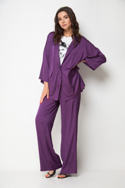 Домашний костюм из атласа с жакетом и брюками на резинке Anelli 1205 темная_византия - фото 1