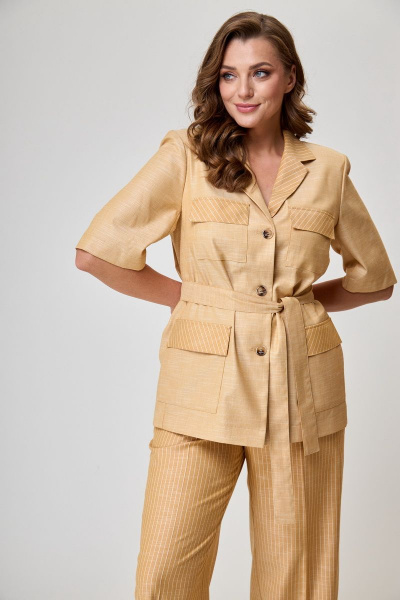 Жакет и брюки из вискозы и льна с отрезными бочками БелЭльСтиль 837-1 91 22+601-1 61 22 горчица - фото 3