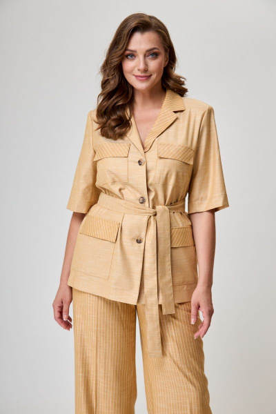 Жакет и брюки из вискозы и льна с отрезными бочками БелЭльСтиль 837-1 91 22+601-1 61 22 горчица - фото 2