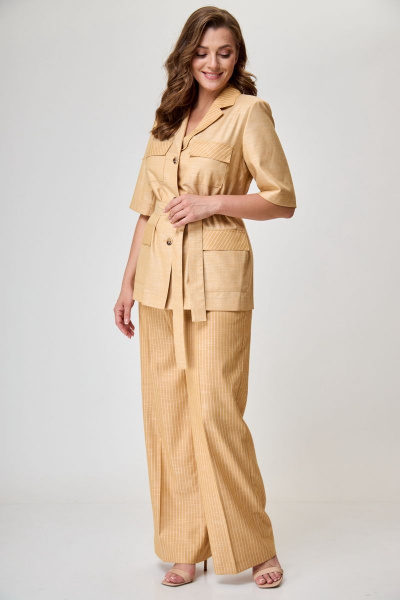 Жакет и брюки из вискозы и льна с отрезными бочками БелЭльСтиль 837-1 91 22+601-1 61 22 горчица - фото 1