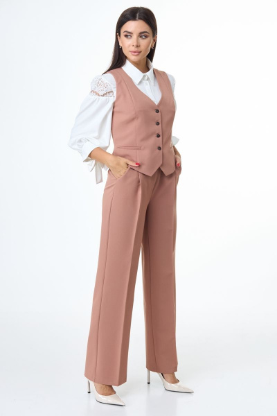 Бежевый летний костюм из вискозы: брюки, жакет и жилет Anelli 1298 миндальное_печенье - фото 9