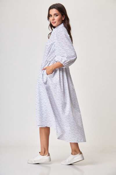 Платье белое свободного силуэта с карманами и рубашечным воротником Anelli 1260 белый+принт_карты - фото 5