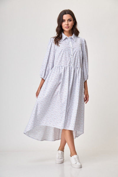 Платье белое свободного силуэта с карманами и рубашечным воротником Anelli 1260 белый+принт_карты - фото 1