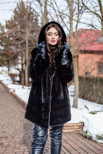 Полупальто из норки с кулиской и угломатыми полосками Мехофф Камелия85.223-520 темно-коричневый - фото 8