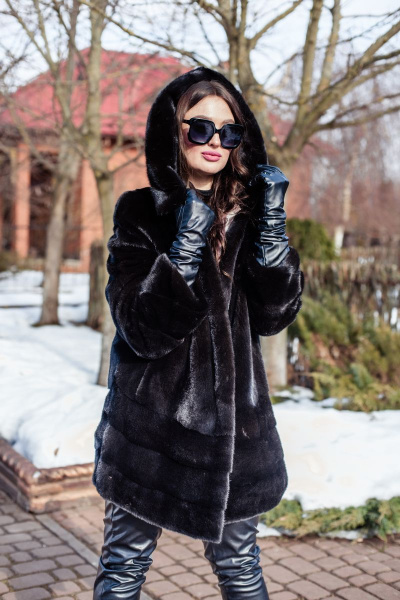 Полупальто из норки с кулиской и угломатыми полосками Мехофф Камелия85.223-520 темно-коричневый - фото 7