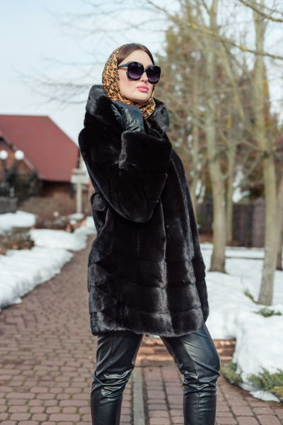 Полупальто из норки с кулиской и угломатыми полосками Мехофф Камелия85.223-520 темно-коричневый - фото 4