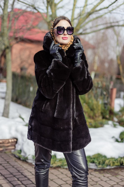 Полупальто из норки с кулиской и угломатыми полосками Мехофф Камелия85.223-520 темно-коричневый - фото 1