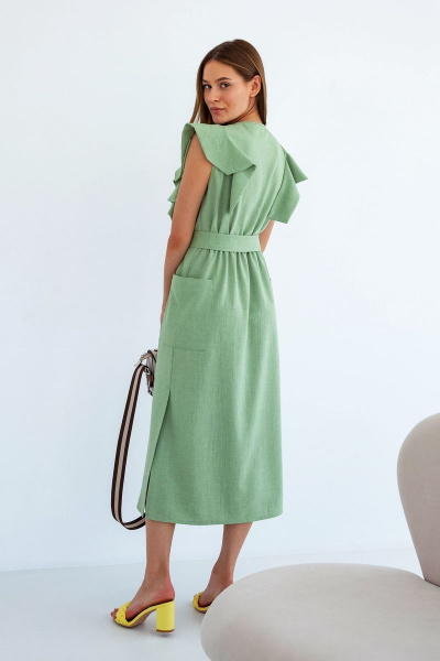 Льняное платье прямого кроя с воланами и мягкой резинкой ARTiMODA 322-04 оливковый - фото 5