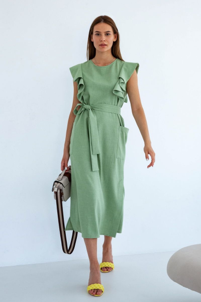 Льняное платье прямого кроя с воланами и мягкой резинкой ARTiMODA 322-04 оливковый - фото 4