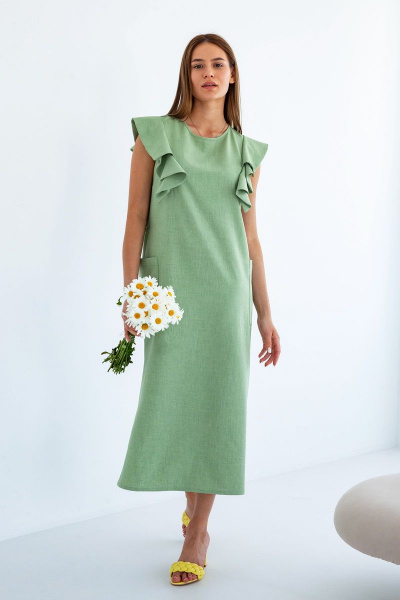 Льняное платье прямого кроя с воланами и мягкой резинкой ARTiMODA 322-04 оливковый - фото 3
