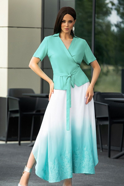 Летний комплект блуза на запах и юбка А-силуэта на молнии Diva 1437 мята - фото 1