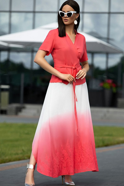 Летний комплект блуза на запах и юбка с высоким поясом Diva 1437-1 коралловый - фото 1