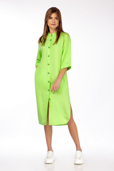 Платье из льна с поясом, карманами и разрезами DAVA 112 лайм - фото 4